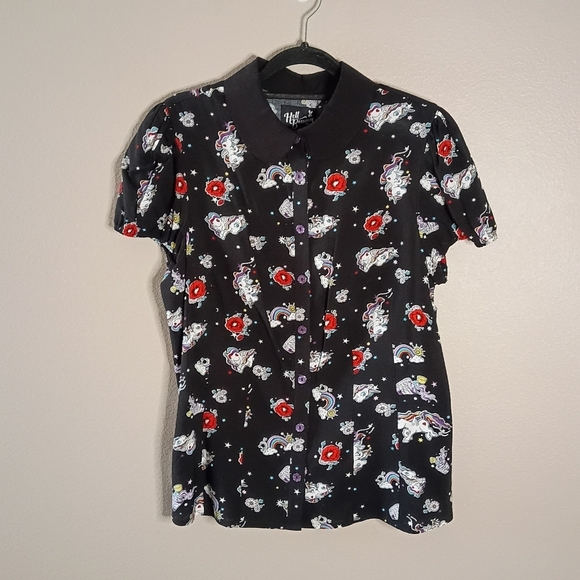 Hell Bunny Tops - Hell Bunny Unicorn Rockabilly Shirt Black Rainbow & Star Pattern Size M NWT